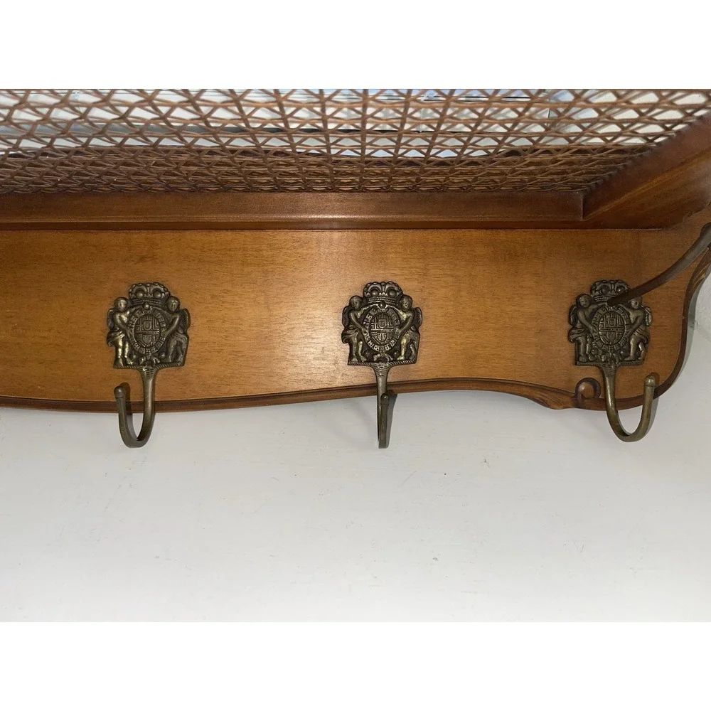 Vintage German STIL Wood Wall Shelf With‎ Coat Hooks Rattan/Cane Shelf READ